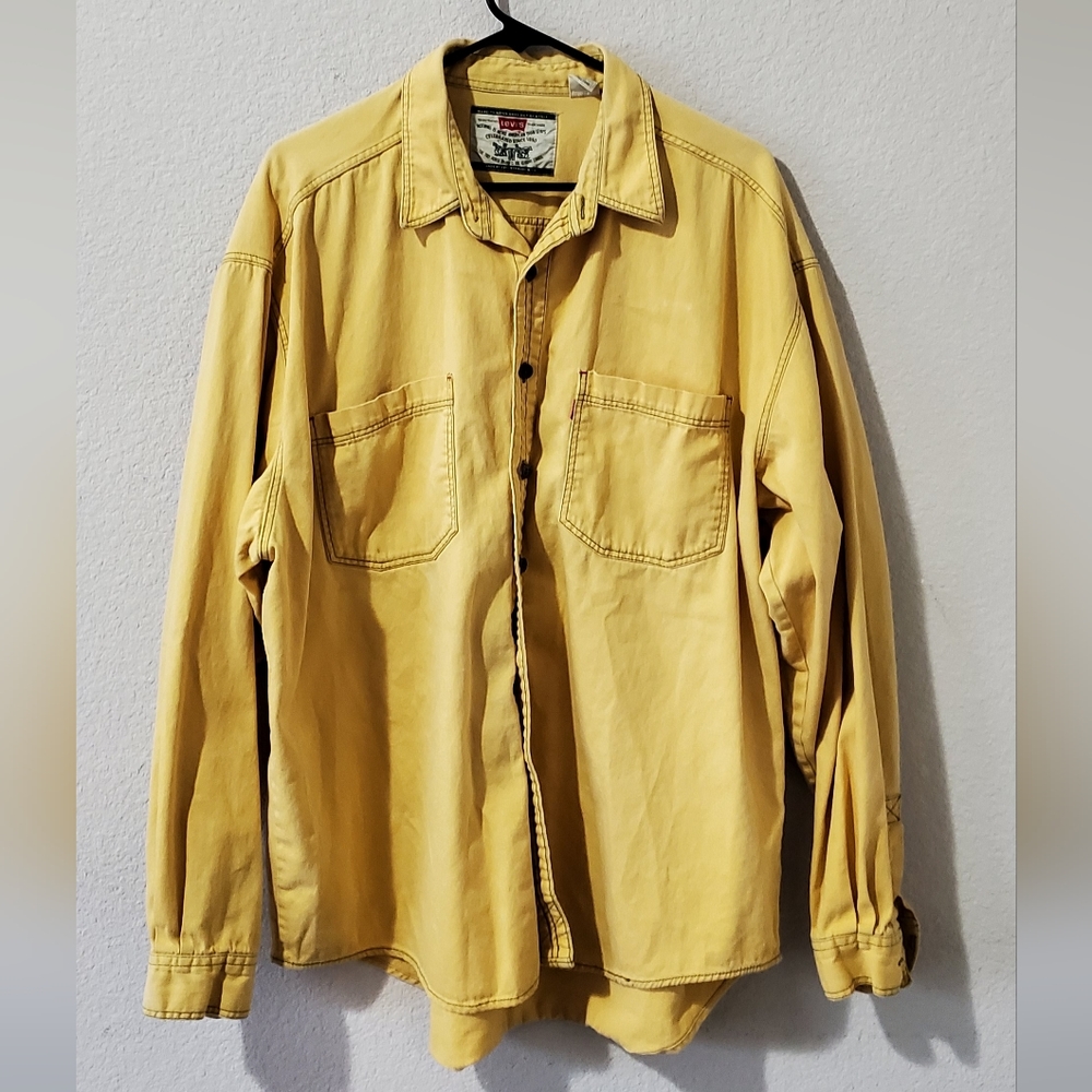 Levis Mens XL 90s Vintage Yellow Denim Long Sleeve Button Up Green Label
